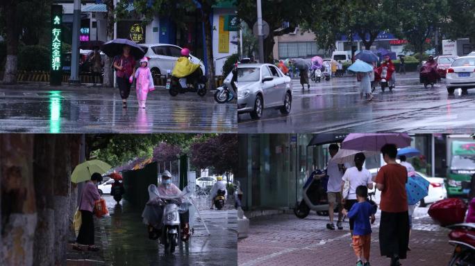 雨天行人小朋友上学4k