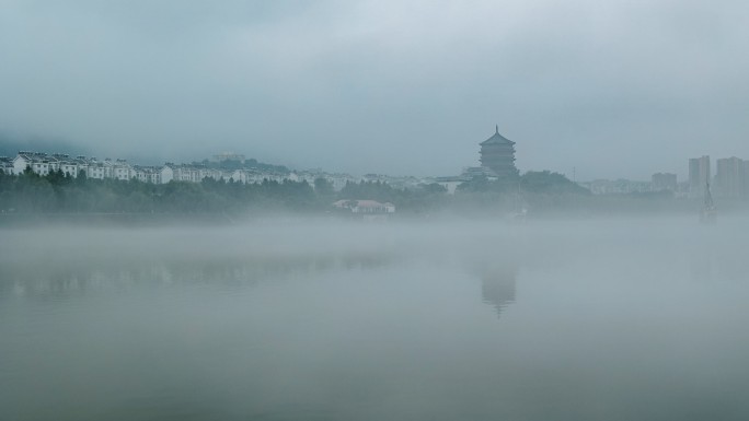 4K河南信阳浉河茗阳阁晨雾延时