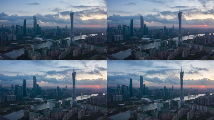 航拍广州大范围日出延时