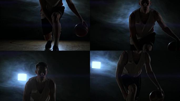 篮球运动员,在黑暗的房间里运球