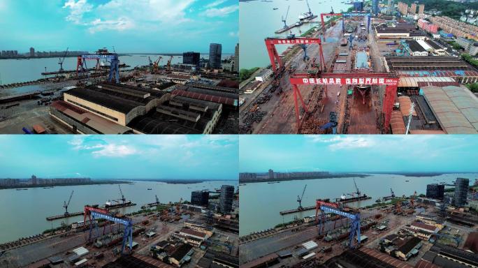 4K航拍南京江边港口造船厂
