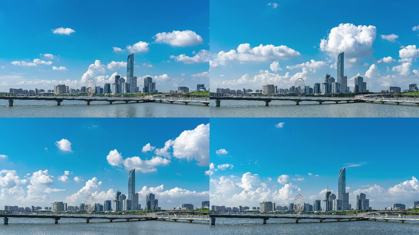 苏州工业园区4K延时摄影蓝天湖景繁华城市