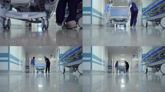 手术床上医院走廊的病人运输