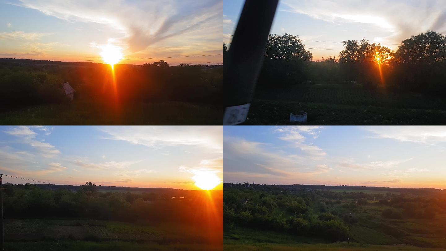 从火车上欣赏日落前美丽的风景与丘陵