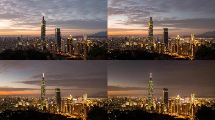 台湾最高摩天大楼台北101日转夜璀璨夜景