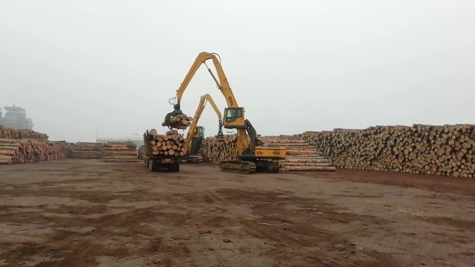 挖掘机卸木头