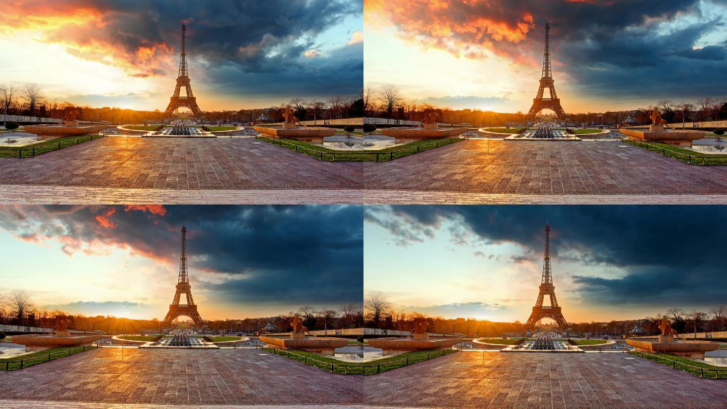 巴黎埃菲尔铁塔在日出的延时拍摄