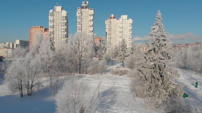 俄罗斯莫斯科白雪覆盖的城市公园景观