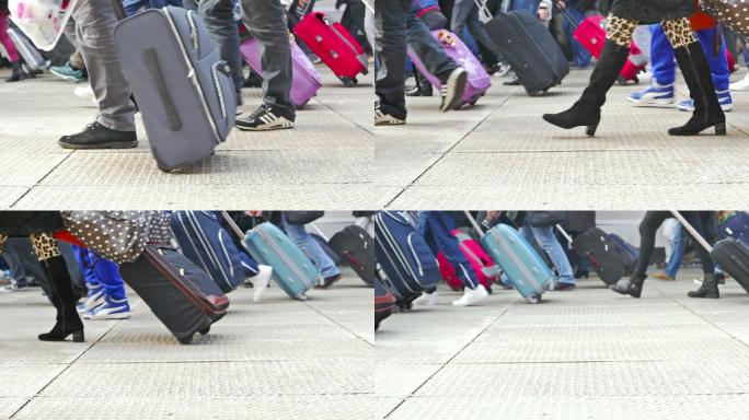 人们在机场拿着行李奔走的镜头