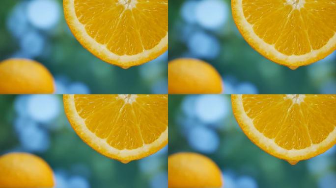 果汁滴流到花园里的橘子水果上