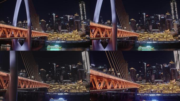 重庆夜景千厮门大桥的轻轨