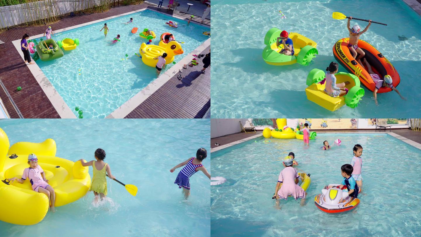 4K炎热夏天孩子泳池里玩耍