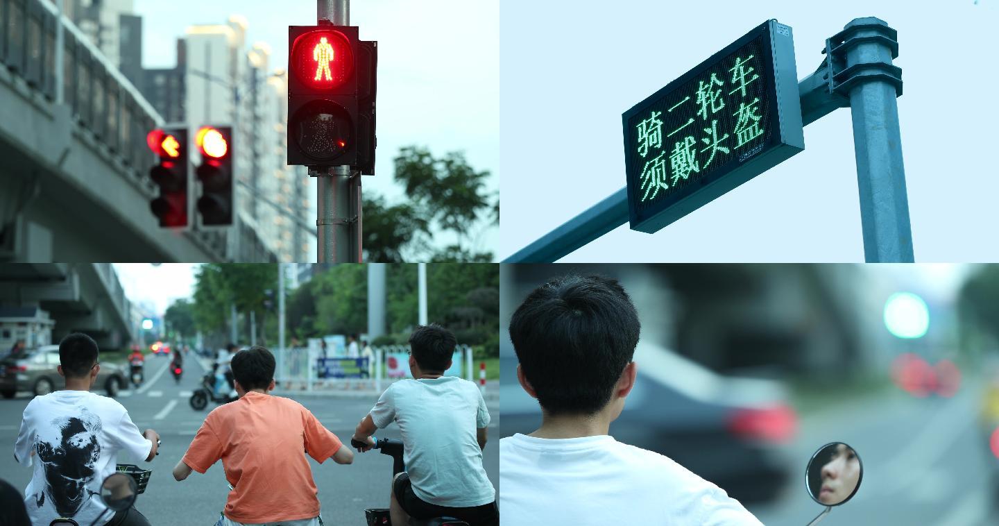 【4K】红绿灯路口行人两轮车等待交通信号
