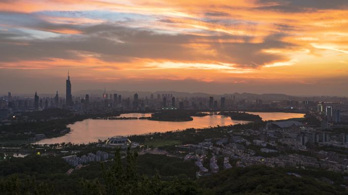 南京夜景 玄武湖 紫峰大厦 南京夕阳