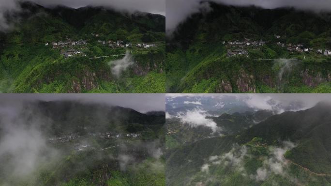 航拍高山云雾缭绕小山村（丽水南尖岩）