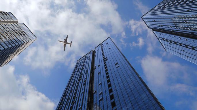 【4K】城市楼群延时拍摄飞机飞过写字楼楼