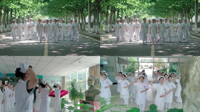 【4k】护士群体走在绿荫小道护士宣誓