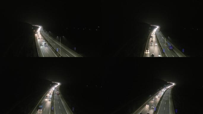 高速公路夜景车流航拍环绕