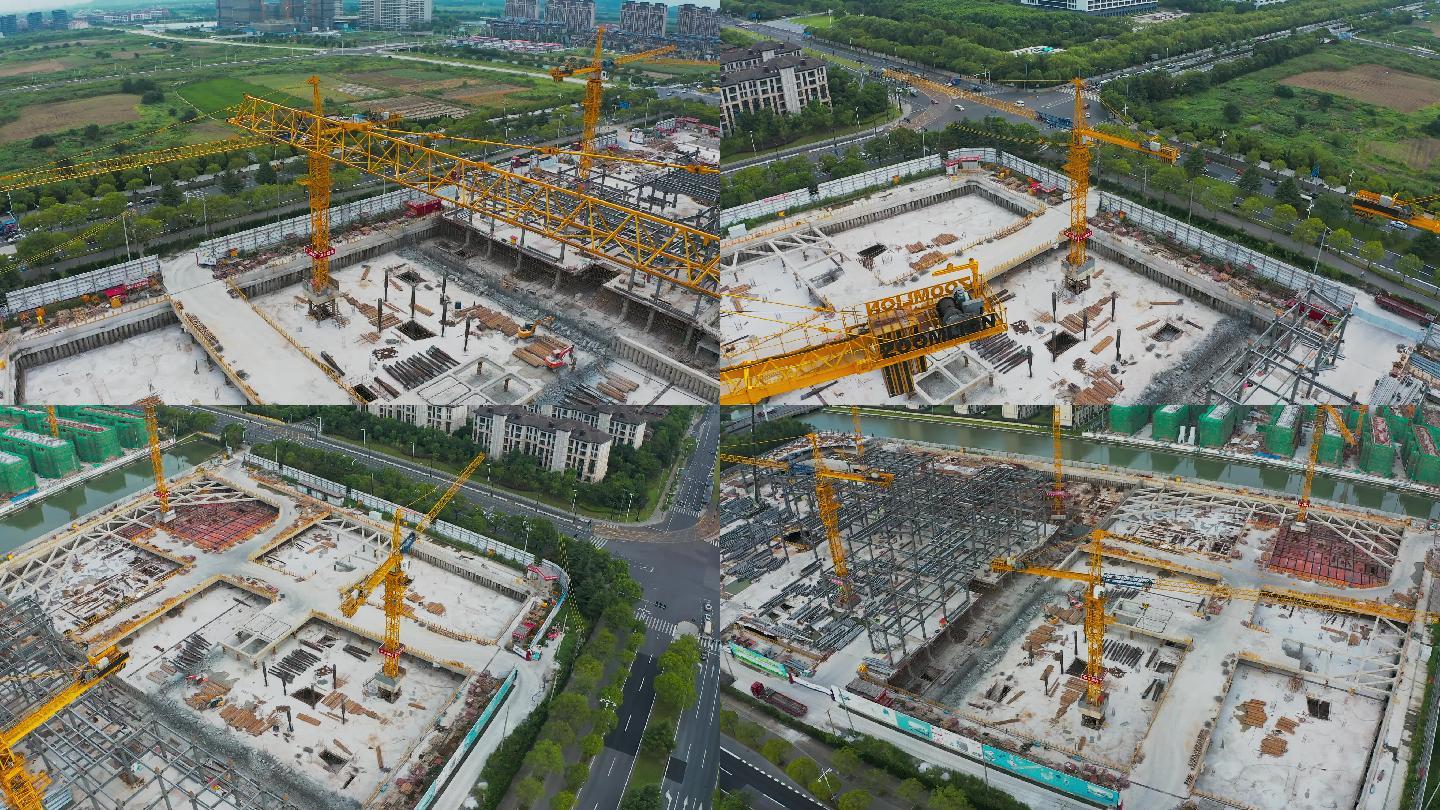 塔吊建筑工地工程车航拍建设美好中国