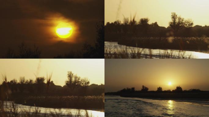 日出、太阳、黄昏、河流、光影、新疆