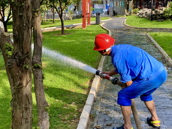 4k--园林工人给绿植浇水