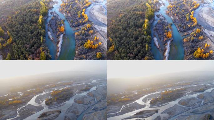 航拍、树木河流、新疆、墨玉河谷、自然风景