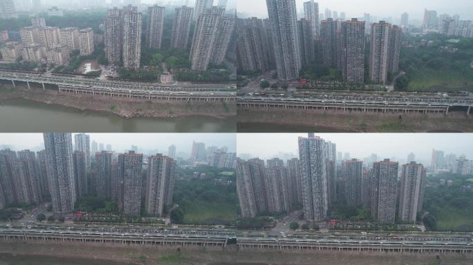 重庆嘉陵江边的楼盘物业原色航拍