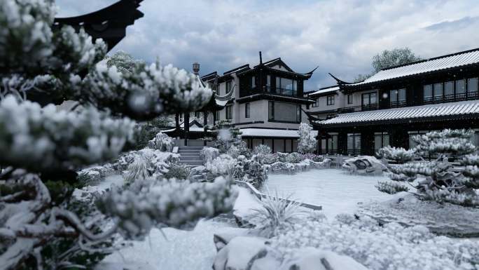 中式园林 合院雪景 秋景 湖心亭