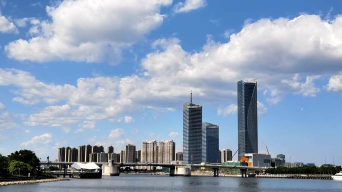 天津滨海新区于家堡延时摄影蓝天白云实拍