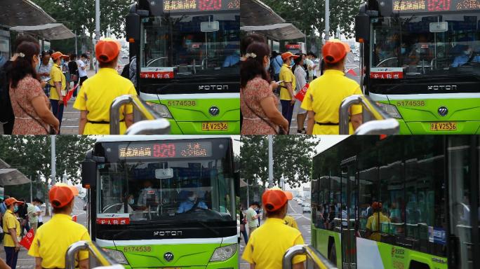 公交车进站行人上车公交车出站