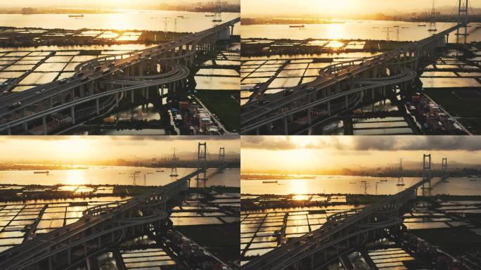 广州市南沙大桥逆光日出航拍