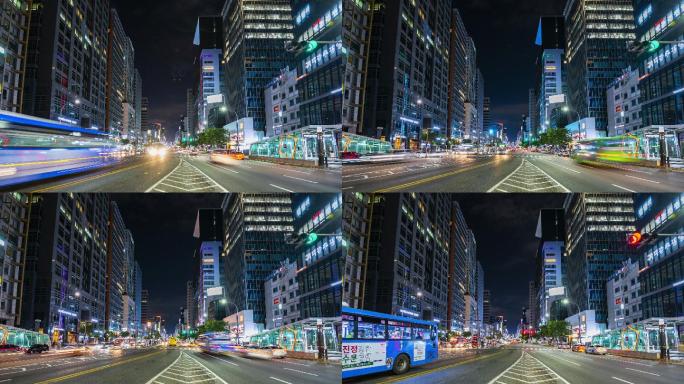 韩国首尔市的夜间交通。