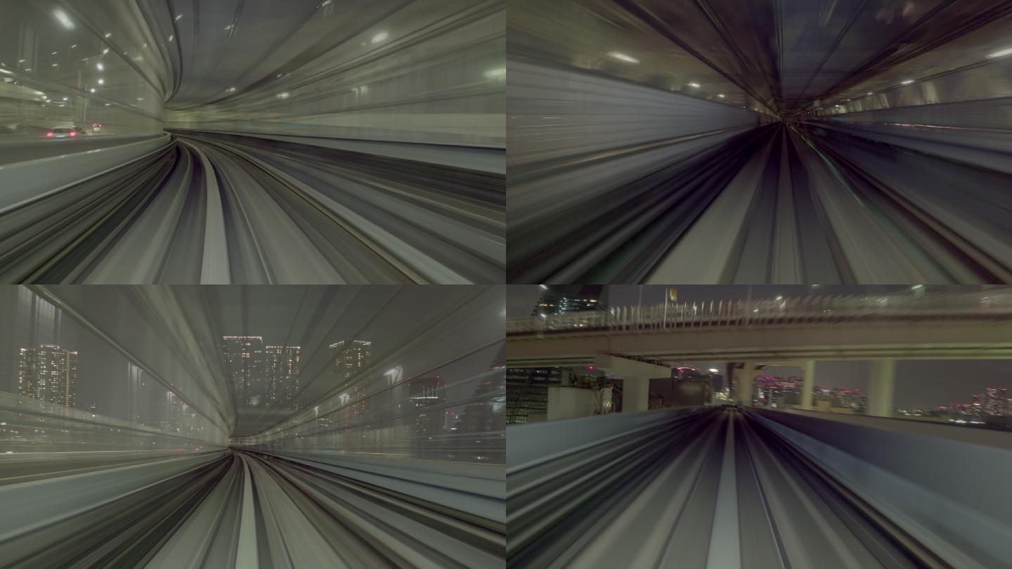 城市交通延时地铁穿过隧道夜景风光科幻梦幻