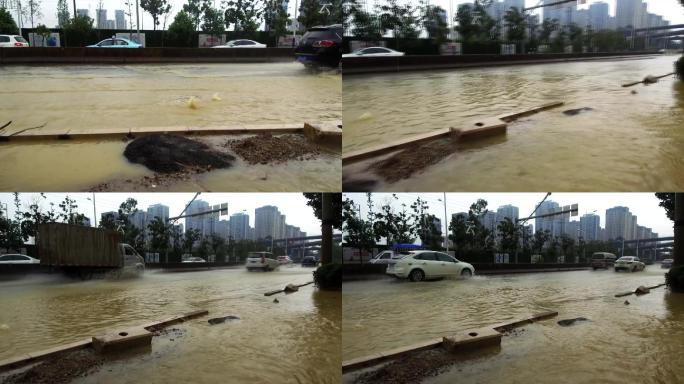 城市大雨过后车辆驶过被水淹的道路