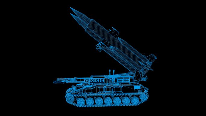 蓝色全息科技线框导弹装甲发射车旋转带通道