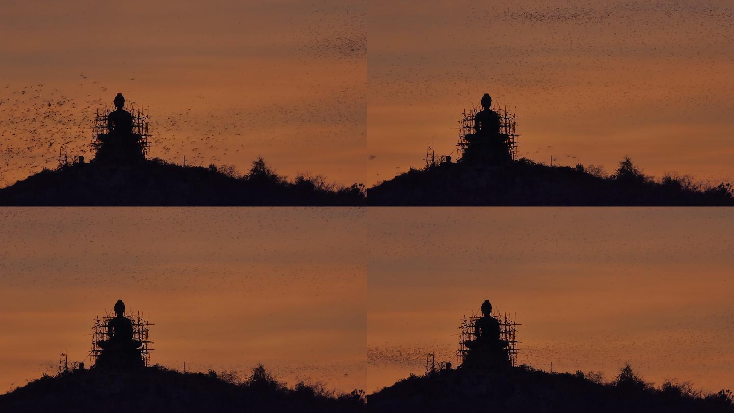 日落时，一群蝙蝠在佛像的剪影上飞舞。