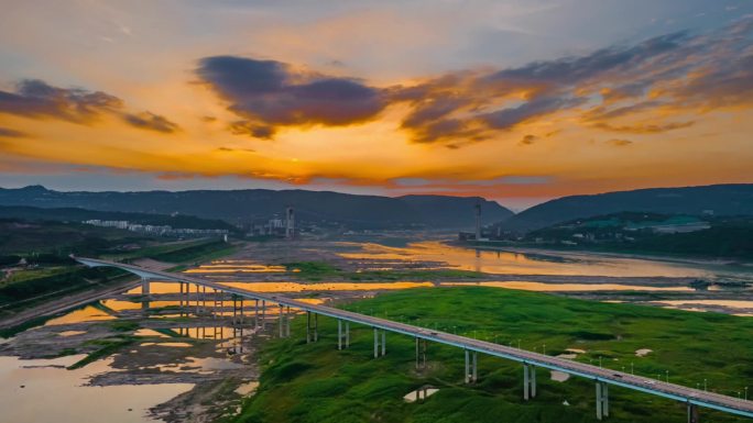 重庆广阳岛航拍日落红霞