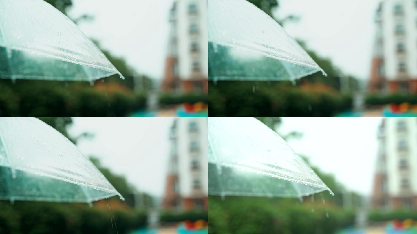 雨滴在透明雨伞上