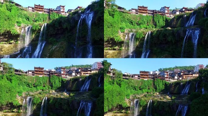 无人机航拍夏季的芙蓉镇瀑布