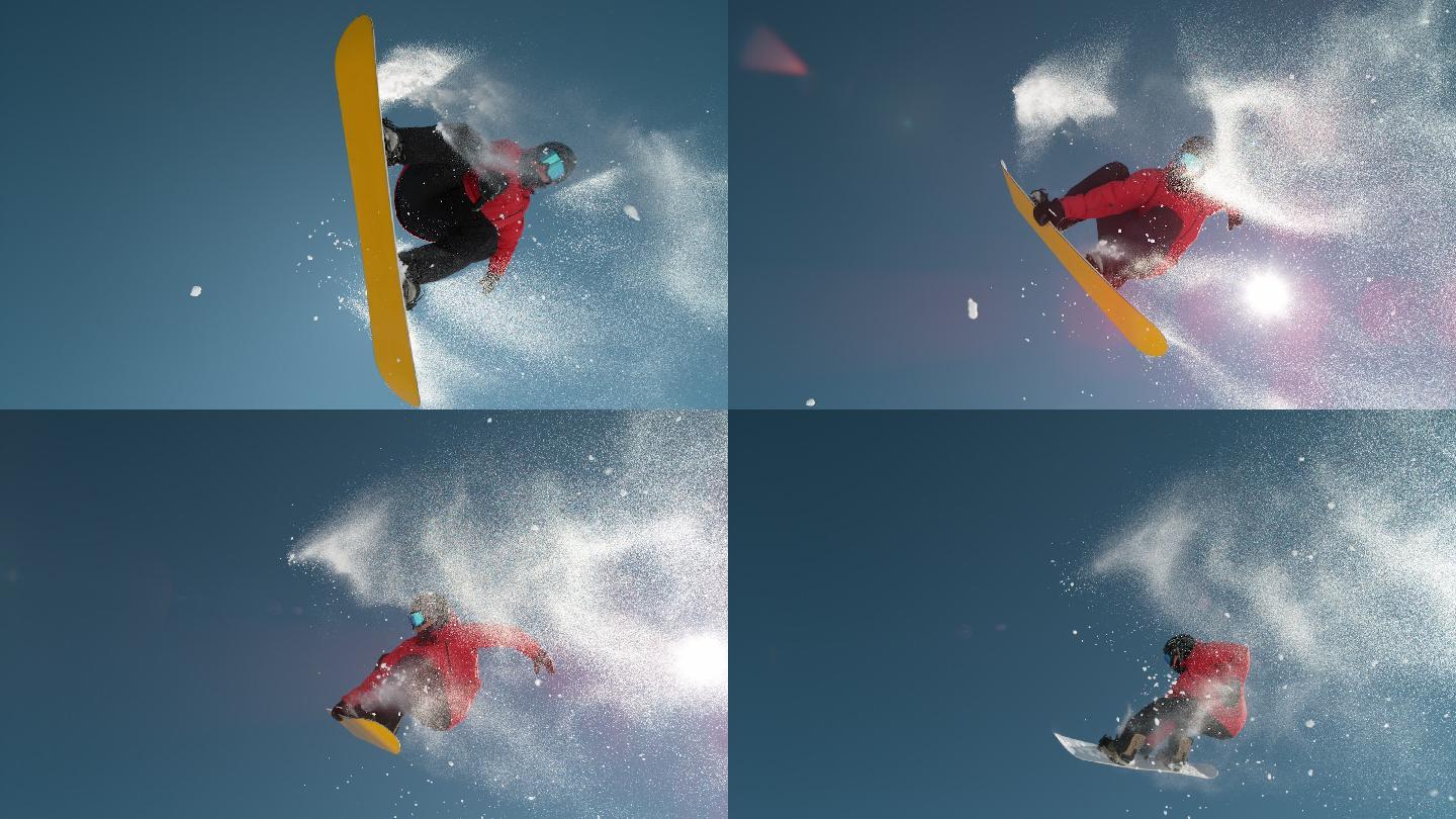 冬日阳光下滑雪板运动员跳过镜头