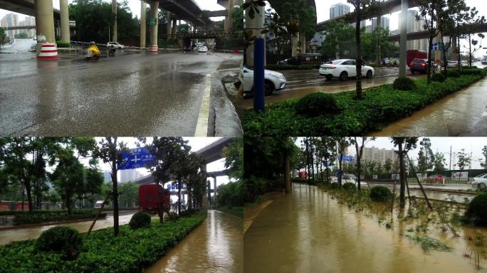 下雨天车辆行人行驶在积水的道路上立交桥下