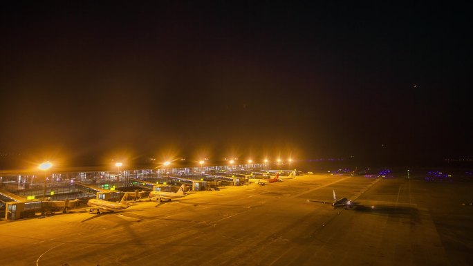 南京机场停机坪深夜延时