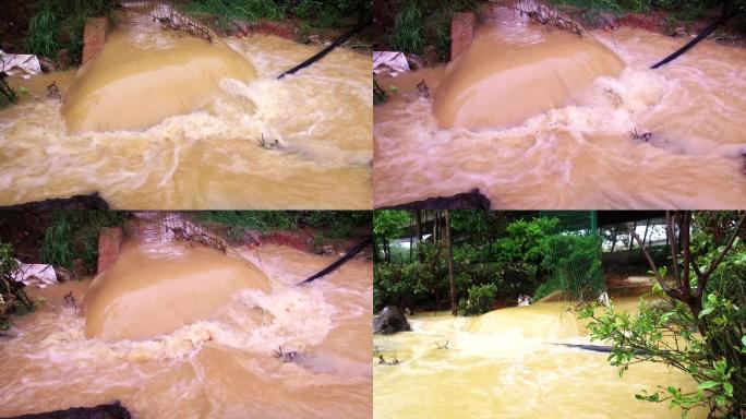 大雨过后大水冲进道路上下水道被堵水淹马路