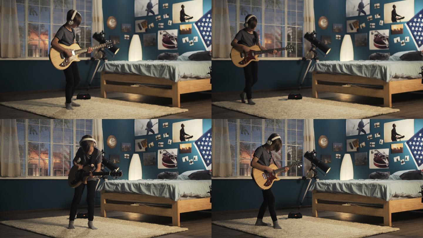 年轻人在卧室里弹吉他