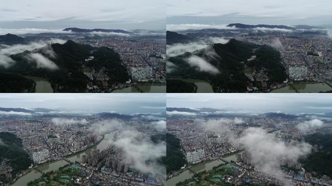 4K航拍，穿过云层俯瞰浏阳河及浏阳城全景