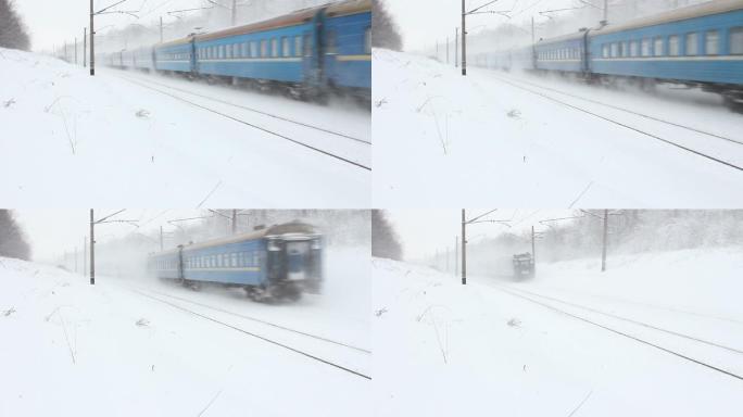 在雪地上行驶的电动火车。