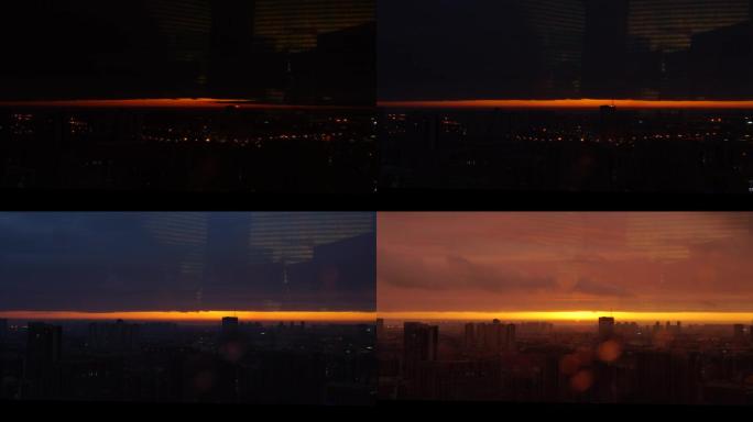 天津日落天际线带玻璃窗前景