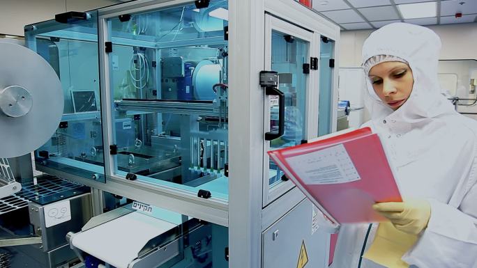 女子在生产医疗设备的工厂实验室检查