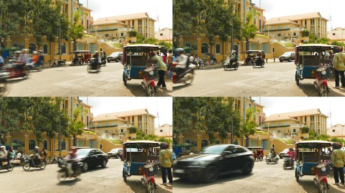 柬埔寨交通摩托车街头车流国外东南亚
