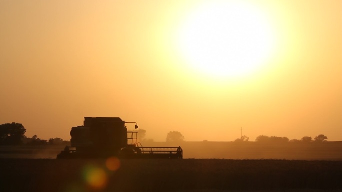 日落时收割机在农地工作